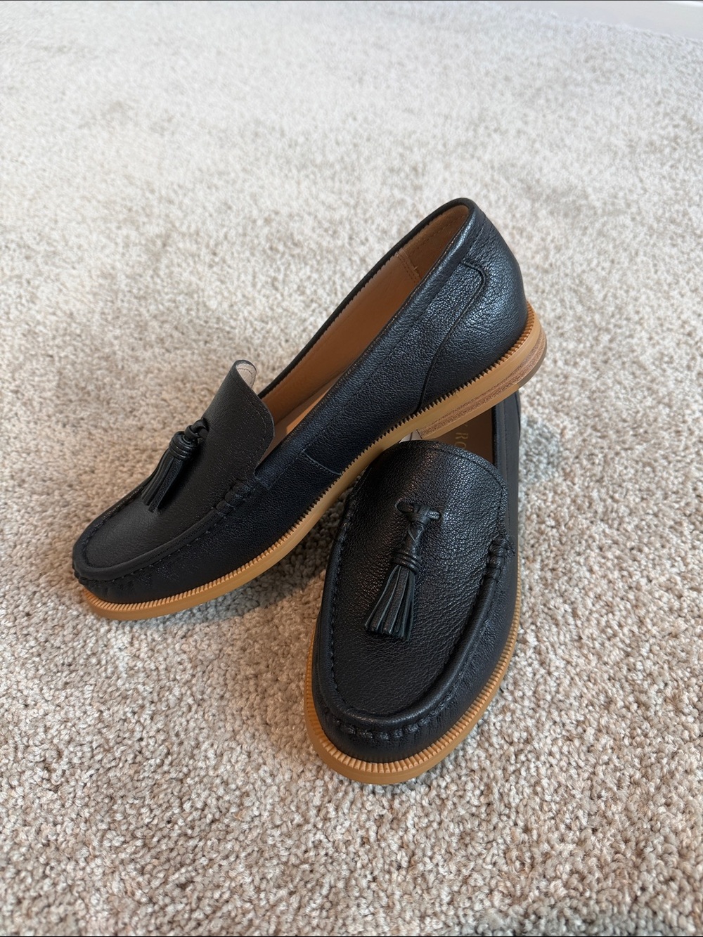 Jack Rogers Black Leather Tassel Loafers with Tan Sole